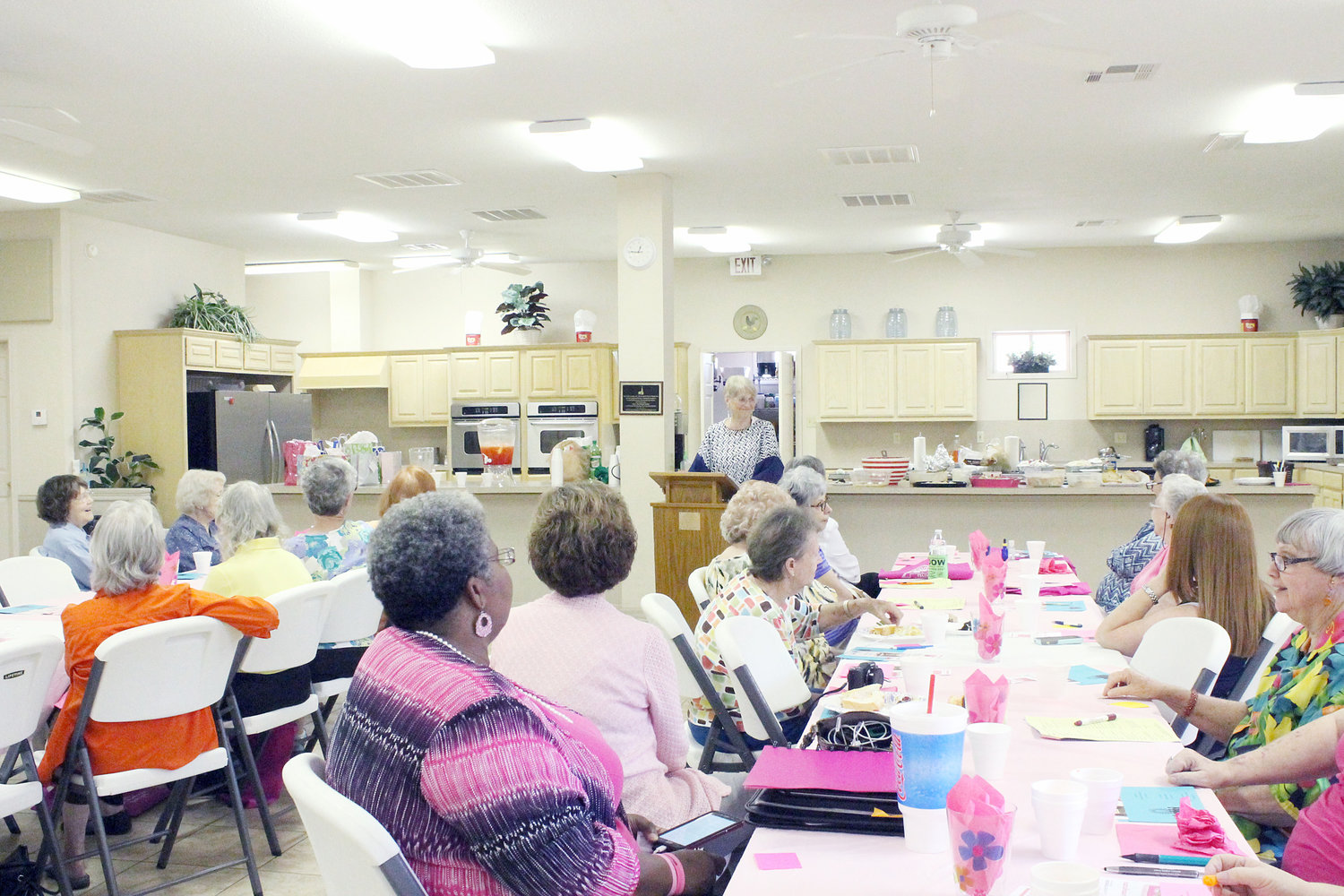 The Women’s Health Program at St. Peter’s Catholic Church in Mineola was well attended Thursday. The TEEA provided decorations and lunch and guest speakers were arranged. Wanda Stephens is at the podium in the background. In the center, foreground, is Pamela Lincoln who told the group that, among other things, the Friend to Friend program could help people with mammograms and pap smears.