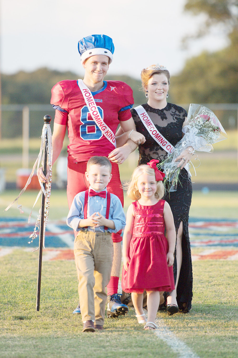 From left, Cody Frazier (8) and Reygan Arrington were selected as Alba-Golden Homecoming King and Queen. They are preceded by Cannon Mason and Katelyn Mize. (Photo courtesy of Chad Parrish)