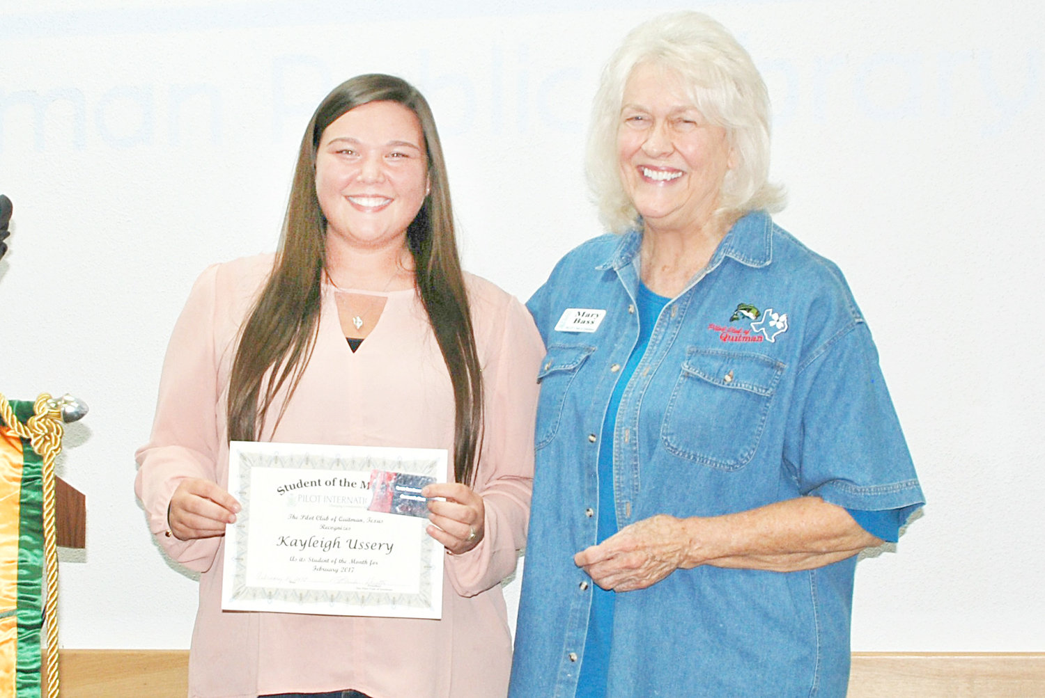 Quitman Pilot Club member Mary Bass presents Kayleigh Ussery with a certificate for Student of the Month at the club’s February meeting. Ussery is a Quitman High School senior and the daughter of Tony and Kim Ussery.  She has been a member of the National Honor Society for the last two years and is the lead designer and editor of the yearbook. The February Student of the Month has participated in University Interscholastic League competitions for three years in Floriculture.  After graduation Ussery plans on attending Baylor University to pursue a degree in psychology.