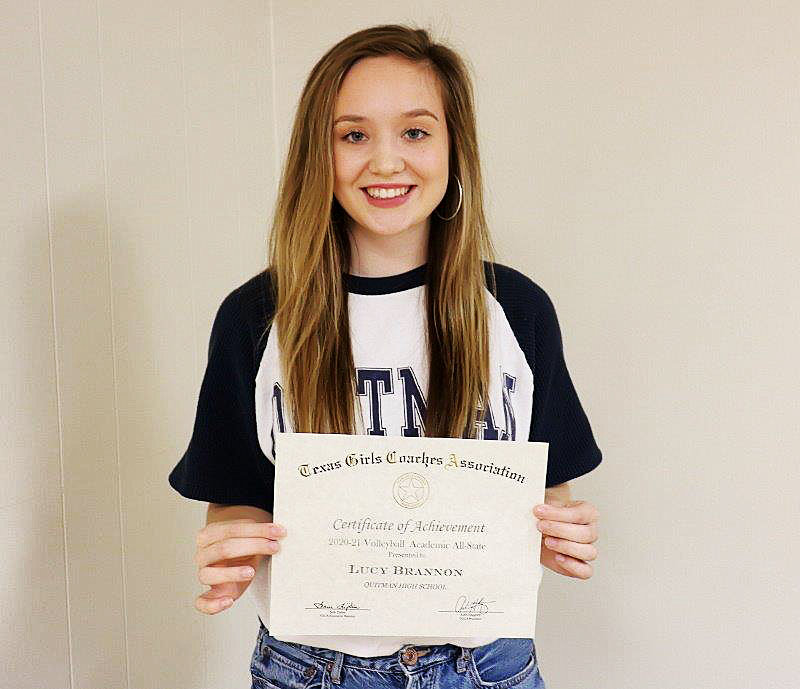 Quitman’s Lucy Brannon with her certificate for the Texas Girls Coaches Association's volleyball all-academic team.