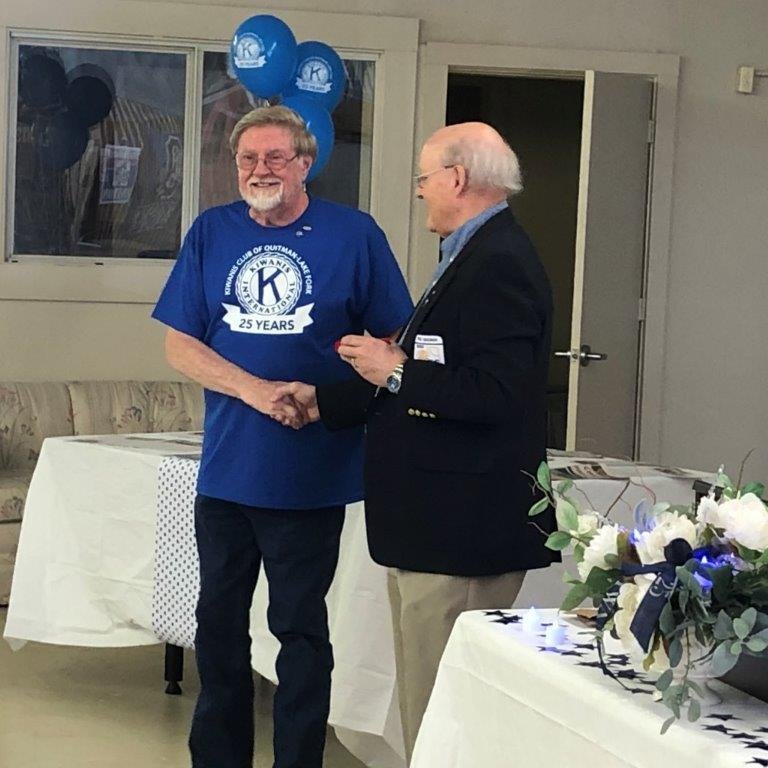 Quitman-Lake Fork Kiwanis recently had their 25th anniversary. Charter Club member R.T. Bridges is the only current member from the first club. Bridges (left) is honored by Sam Curry, former lieutenant governor and current member from the Mineola Kiwanis Club.