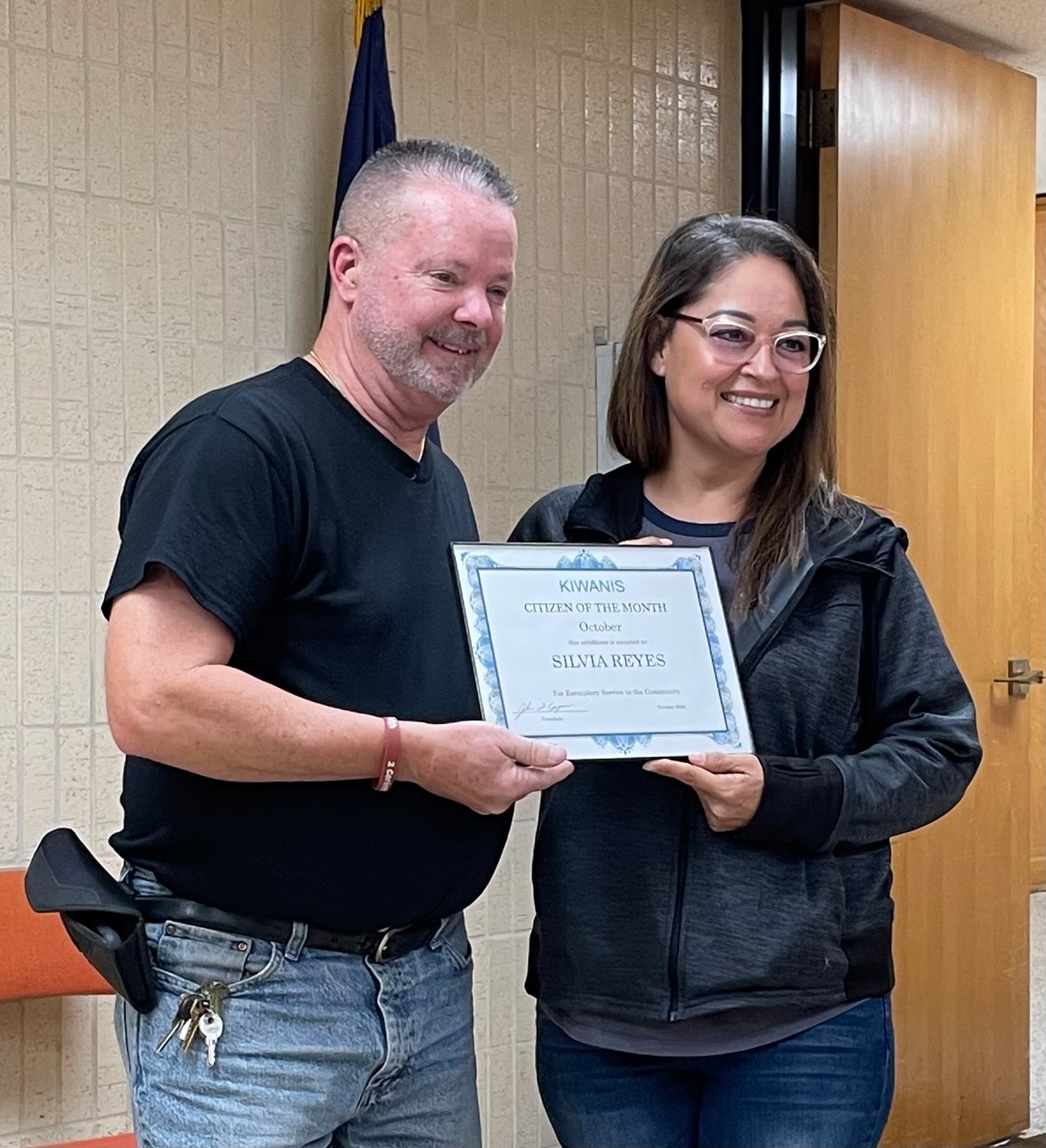 Silvia Reyes was honored by the Mineola Kiwanis Club as October Citizen of the Month. Kiwanis President-elect Brian Jones presented the award. 