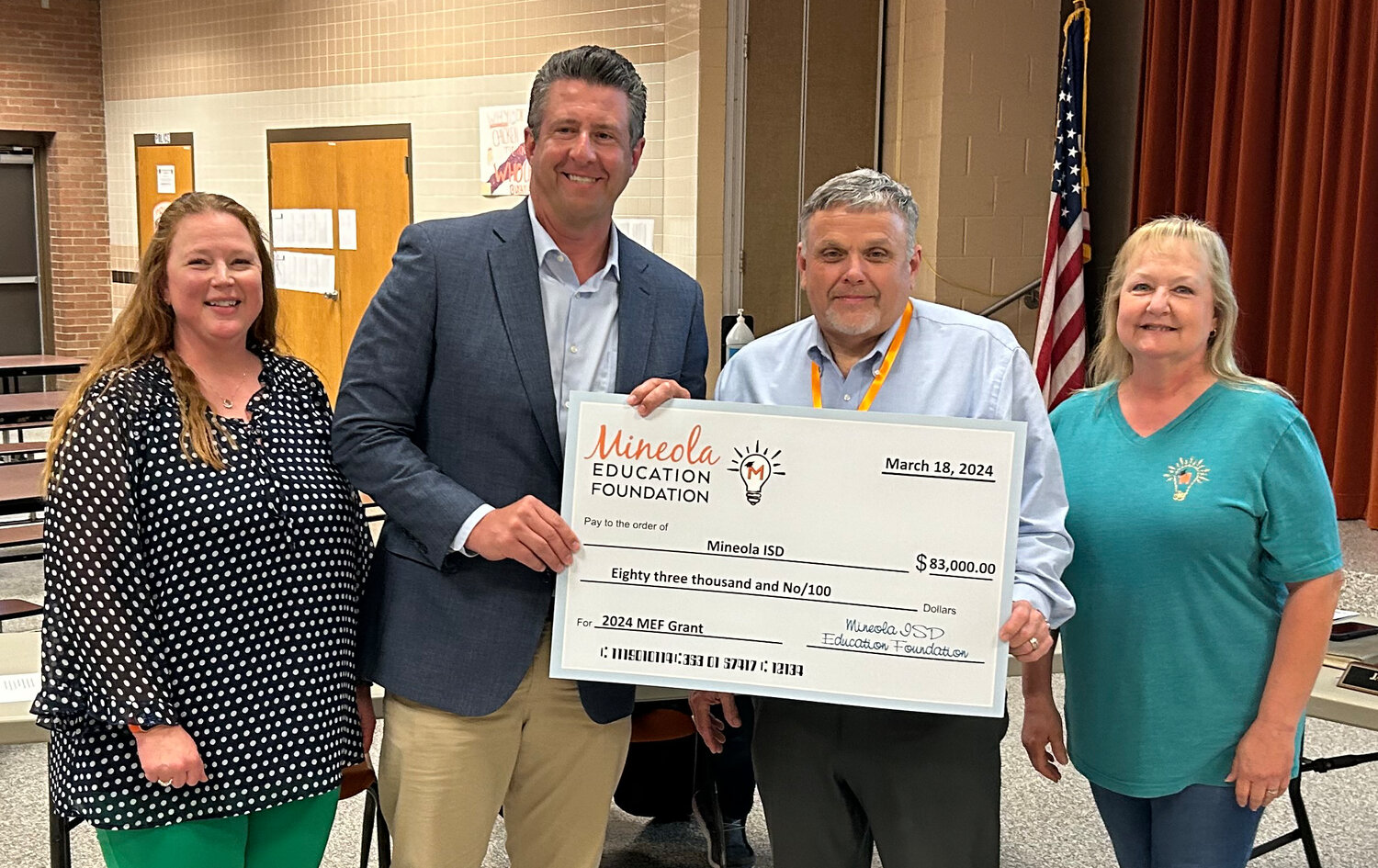 A record $83,000 has been donated by the Mineola ISD Education Foundation for teacher grants this year. School board and foundation board member Jill Quiambao, from left, foundation president Jason Ray, school board president Rodney Watkins and Martha Holmes, foundation vice president for grants, were on hand for Monday’s presentation.