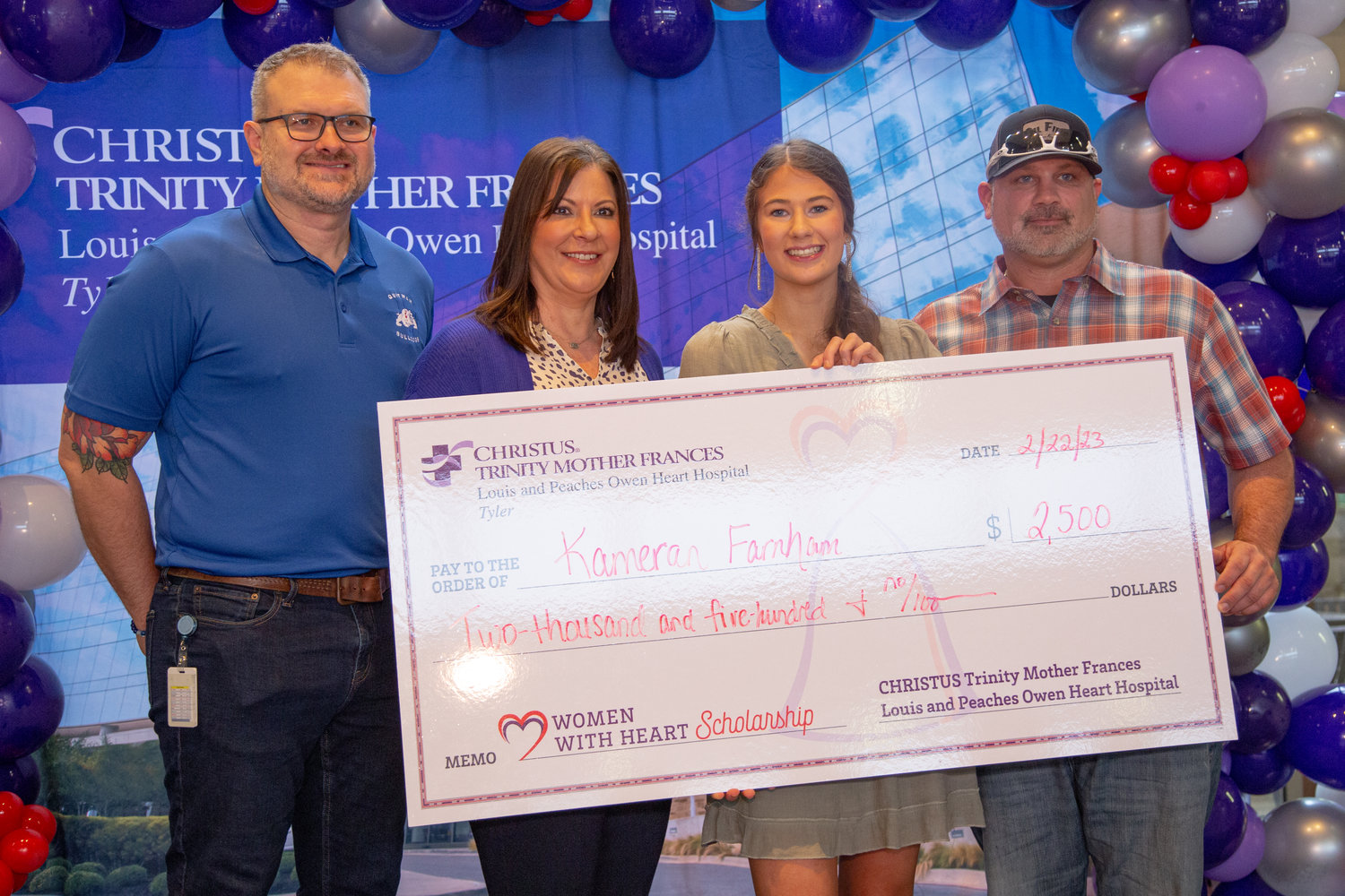 Kameran Farnham of Quitman High School (third from left) was awarded second place and a $2,500 scholarship in the Christus Trinity Mother Frances “Women with Heart” contest with her video focused on building awareness of heart disease, specifically among women.